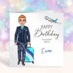 personalised male flight attendant in navy & turquoise birthday card