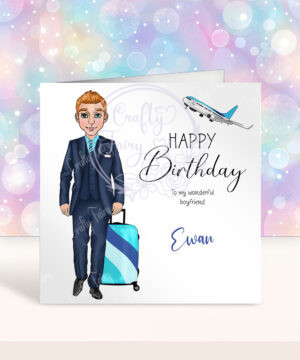 personalised male flight attendant in navy & turquoise birthday card