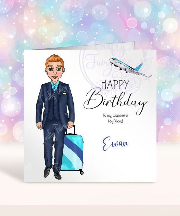 personalised male flight attendant in navy & turquoise birthday card