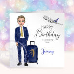 personalised male flight attendant in navy & yellow birthday card