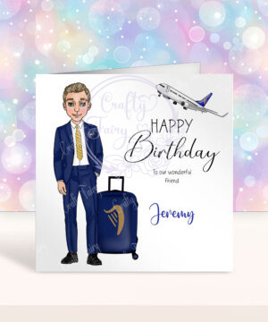 personalised male flight attendant in navy & yellow birthday card
