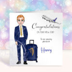 personalised male flight attendant in navy & yellow congratulations card