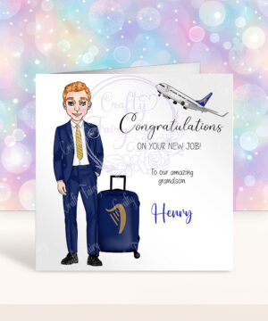 personalised male flight attendant in navy & yellow congratulations card