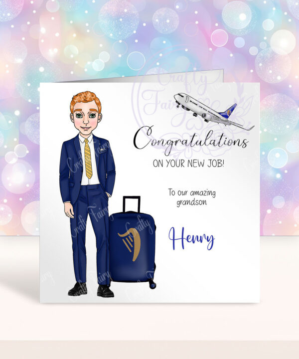 personalised male flight attendant in navy & yellow congratulations card
