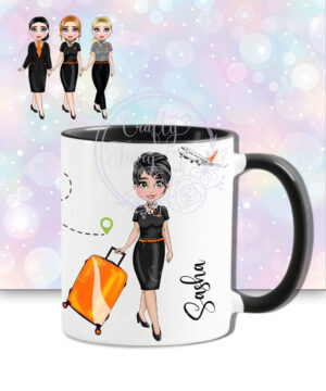 personalised female flight attendant in black & orange mug gift