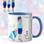 personalised female flight attendant in navy & turquoise mug gift