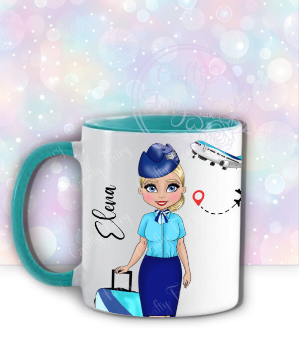 personalised female flight attendant in navy & turquoise mug gift