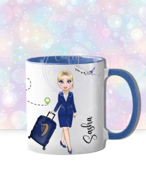 personalised female flight attendant in navy & yellow mug gift