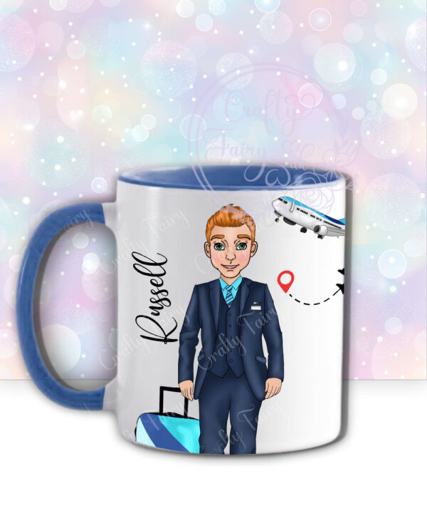 personalised male flight attendant in navy & turquoise mug gift