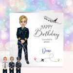personalised pilot in black suit birthday card