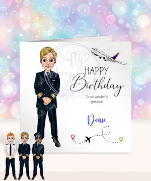 personalised pilot in black suit birthday card