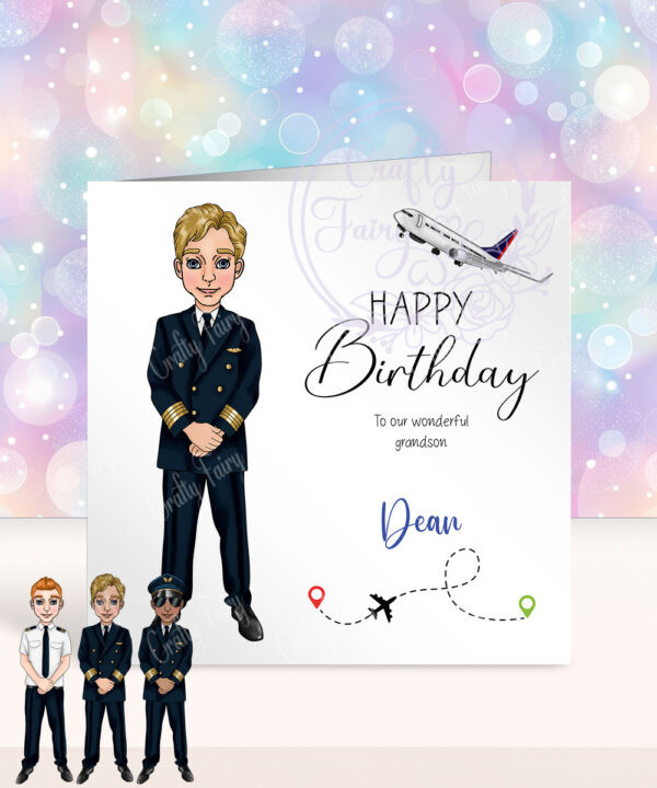 personalised pilot in black suit birthday card