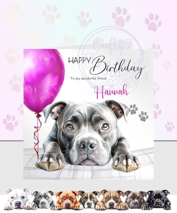 personalised cute staffordshire bull terrier "staffie" dog face happy birthday card