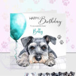 personalised cute miniature schnauzer dog face & balloon card gift