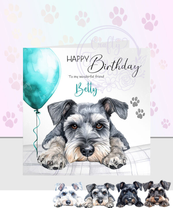 personalised cute miniature schnauzer dog face & balloon card gift