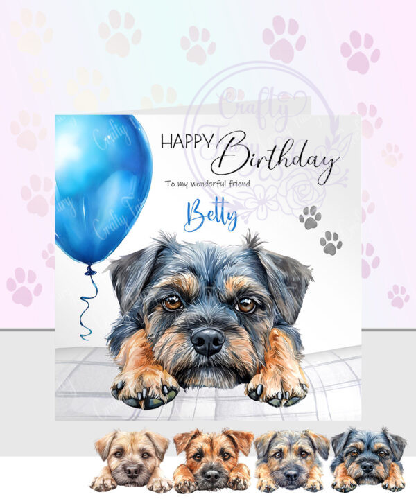 personalised cute border terrier face happy birthday card