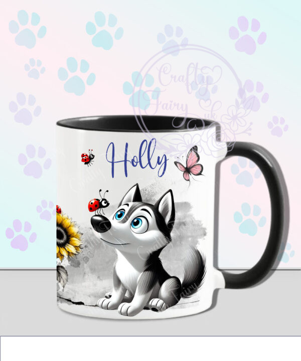 personalised cute whimsical husky dog with ladybird mug gift