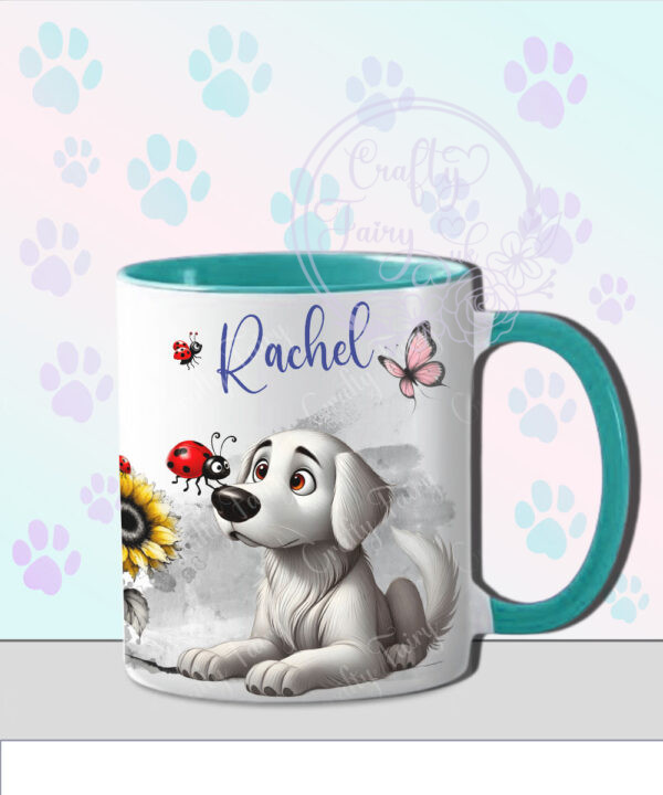 personalised cute whimsical retriever dog with ladybird mug gift