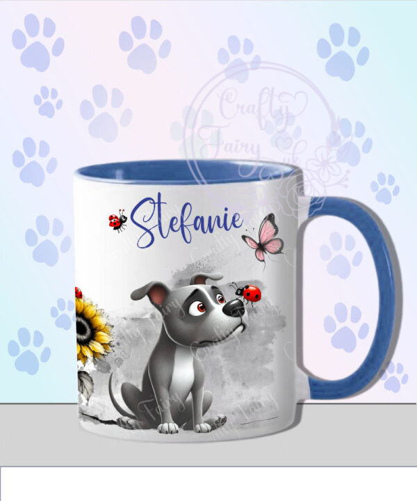 personalised cute whimsical staffie dog with ladybird mug gift