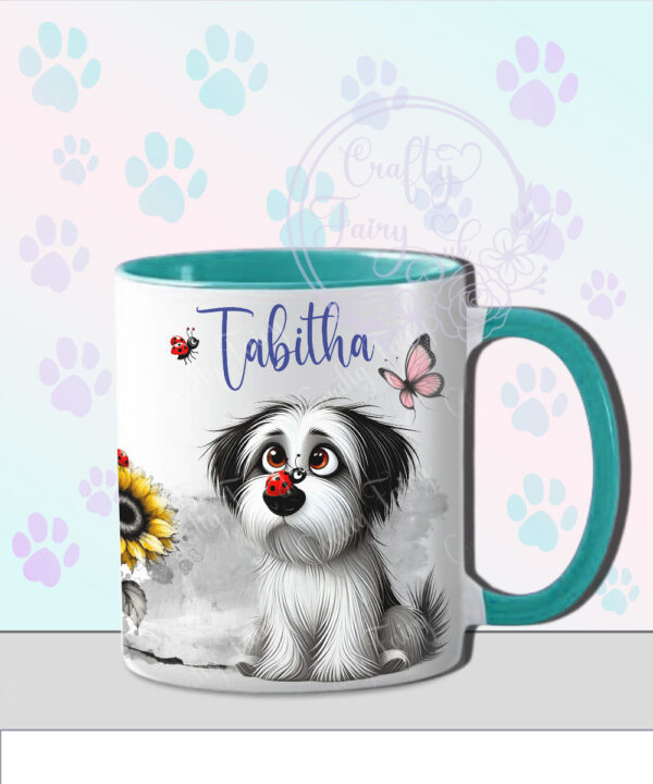 personalised cute whimsical tibetan terrier dog with ladybird mug gift