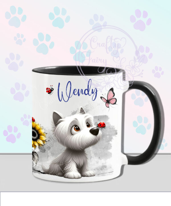 personalised cute whimsical westie dog with ladybird mug gift