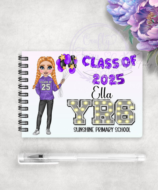 personalised class of 2025 purple balloon banner school leaver girl a6 blank notebook