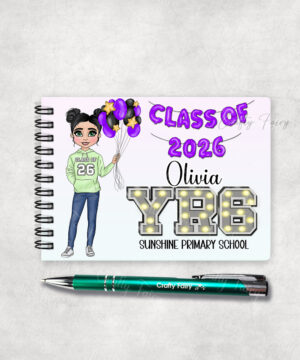 personalised class of 2026 purple balloon banner school leaver girl a6 blank notebook