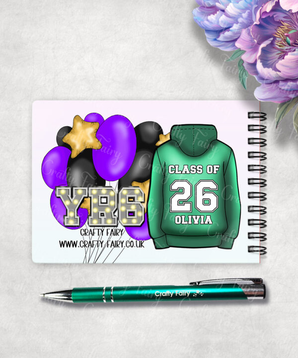 personalised class of 2026 purple balloon banner school leaver girl a6 blank notebook