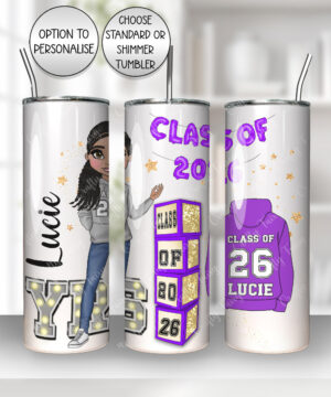 personalised class of 2026 purple balloon banner school leaver girl 600ml straight tumbler