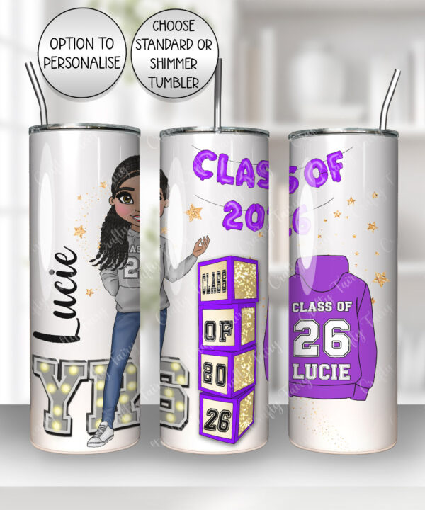 personalised class of 2026 purple balloon banner school leaver girl 600ml straight tumbler