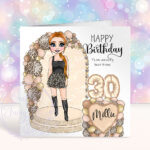 personalised lady in leopard print skirt mocha leopard balloon arch birthday card