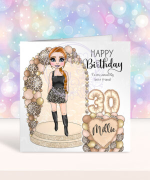 personalised lady in leopard print skirt mocha leopard balloon arch birthday card