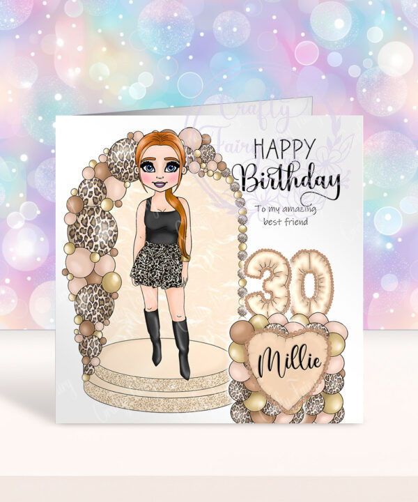 personalised lady in leopard print skirt mocha leopard balloon arch birthday card