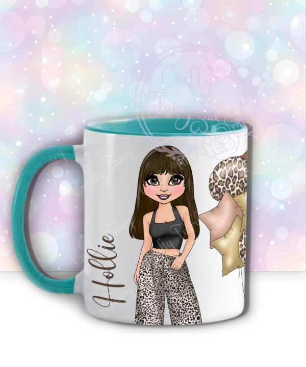 personalised girl in trousers mocha leopard balloon arch birthday mug gift