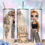 personalised girl in trousers mocha leopard balloon arch 20oz straight birthday tumbler
