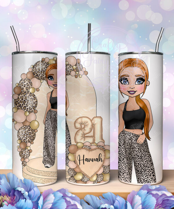 personalised girl in trousers mocha leopard balloon arch 20oz straight birthday tumbler