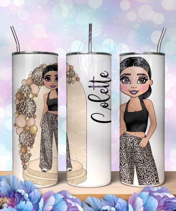 personalised girl in trousers mocha leopard balloon arch 20oz straight tumbler