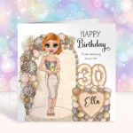 personalised lady in dress cream & leopard balloon arch birthday card