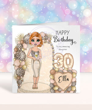 personalised lady in dress cream & leopard balloon arch birthday card