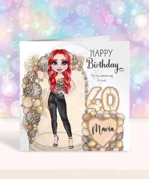 personalised lady in leather trousers cream & leopard balloon arch birthday card