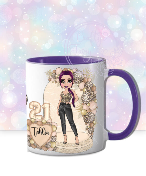 personalised lady in leather trousers cream & leopard balloon arch birthday mug gift