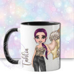 personalised lady in leather trousers cream & leopard balloon arch birthday mug gift