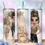 personalised lady in leather trousers cream & leopard balloon arch 20oz straight birthday tumbler