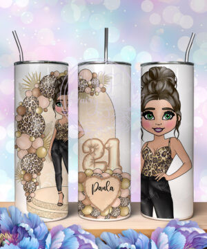 personalised lady in leather trousers cream & leopard balloon arch 20oz straight birthday tumbler