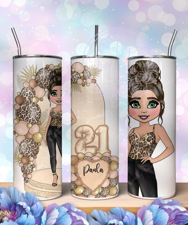 personalised lady in leather trousers cream & leopard balloon arch 20oz straight birthday tumbler