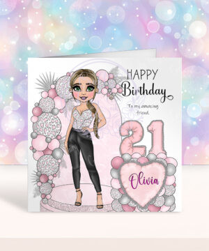 personalised lady in leather trousers pink leopard balloon arch birthday card