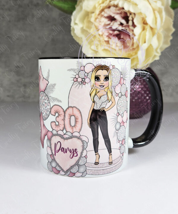 personalised lady in leather trousers pink leopard balloon arch birthday mug gift