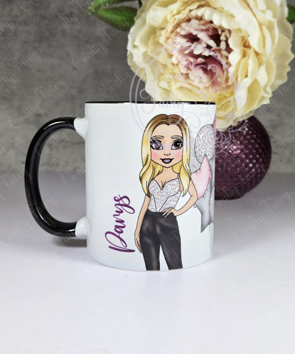 personalised lady in leather trousers pink leopard balloon arch birthday mug gift