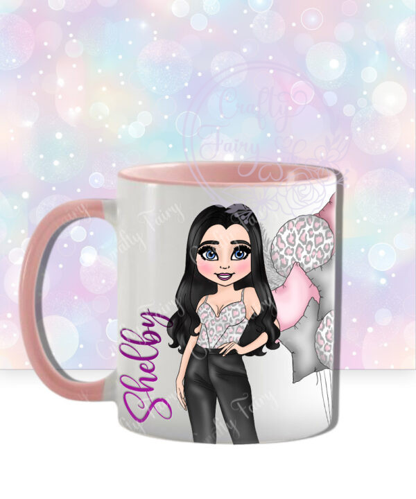 personalised lady in leather trousers pink leopard balloon arch birthday mug gift