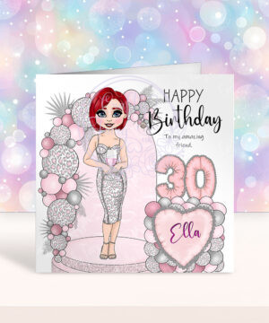 personalised lady in dress pink leopard balloon arch birthday card